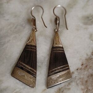African Earrings Tuareg Tribe Wood & Sterling Dangles